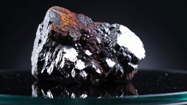 Raw Neodymium rare earth mineral ore on black reflective surface with cinematic rim lighting