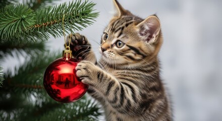 Kitten playing with red ornament on Christmas tree in festive setting  