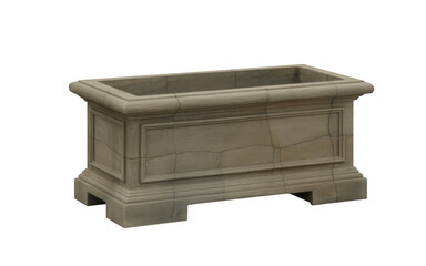 Rectangular stone planter with decorative molding and cracks isolated on a transparent background