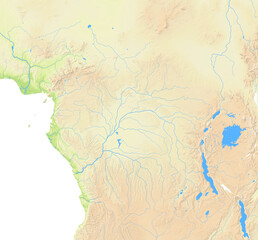 Fototapeta premium Map of Central Africa showing the isolated landmasses with relief representation, rivers, lakes. No boundaries. No labels at all.