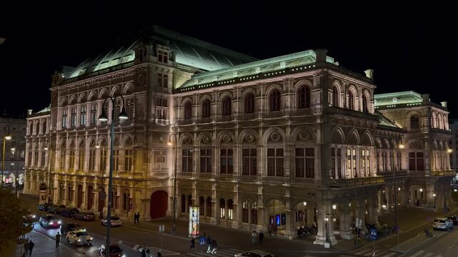 Vienna State Opera (Wiener Staatsoper) from the gallery viewpoint at Evening, historic opera house and opera company in Vienna, Austria