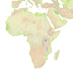 Map of Africa showing the isolated landmasses with relief representation, rivers, lakes. No boundaries. No labels at all.