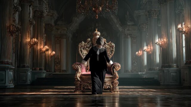 Ornate throne in an opulent hall with grand chandeliers and rich architectural details