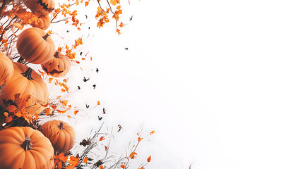 A Halloween social media post template featuring pumpkin and halloween elements, white background, banner design with large copy space at the top right corner