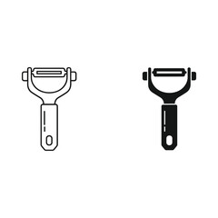 Two styles of vegetable peeler icons line art and solid silhouette