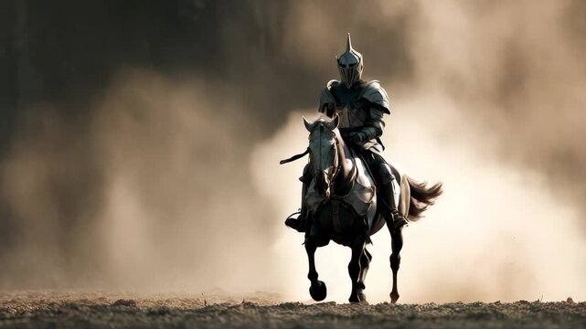 Warrior in shining armor charges through dusty landscape on horseback at sunset