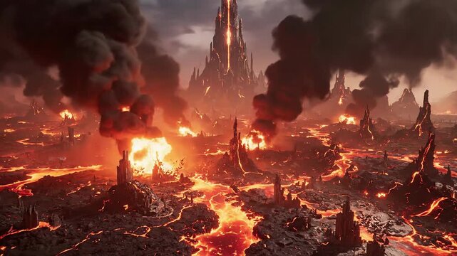 Epic Fantasy Landscape: A Fiery Realm of Lava, Lightning, and a Towering Obsidian Citadel