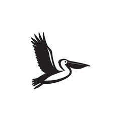 Silhouette of a pelican in flight with wings outstretched against a white background