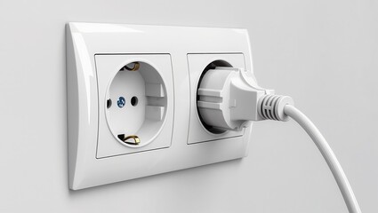 Close-up of double European wall socket with one white plug connected, highlighting electrical connection, home power supply, and safe device usage