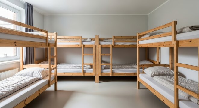 Cozy hostel room with wooden bunk beds and neutral bedding - Powered by Adobe