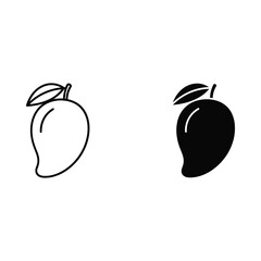 Outline and silhouette of a mango fruit with leaf icon