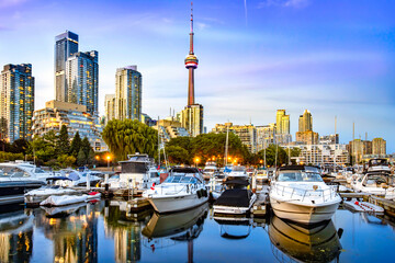 Toronto waterfront skyline with boats in marina