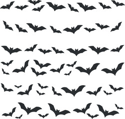 Flying Black Bat Silhouette Pattern - Spooky Halloween Vector Wallpaper Background - Gothic Night Creature Design Element.