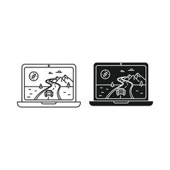 Two laptops displaying a road trip map with mountains and a car
