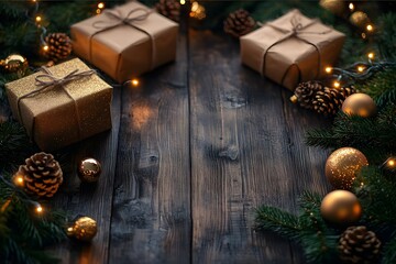 Christmas composition with kraft and gold gifts, evergreen branches, pine cones and warm string lights on rustic dark wood, festive frame with copy space.