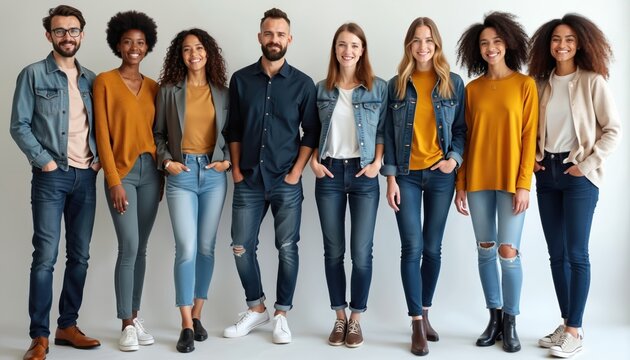 Diverse group of ten people stand together in smart casual outfits. Various ethnicities and styles present a modern, unified team posing confidently. They represent individuality and communal unity.