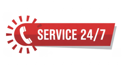 Red Service 24/7 badge with phone icon isolated on a transparent background