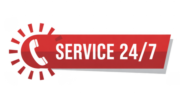 Red Service 24/7 badge with phone icon isolated on a transparent background