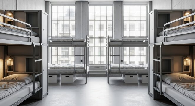 Modern industrial dormitory with bunk beds in minimalist design - Powered by Adobe