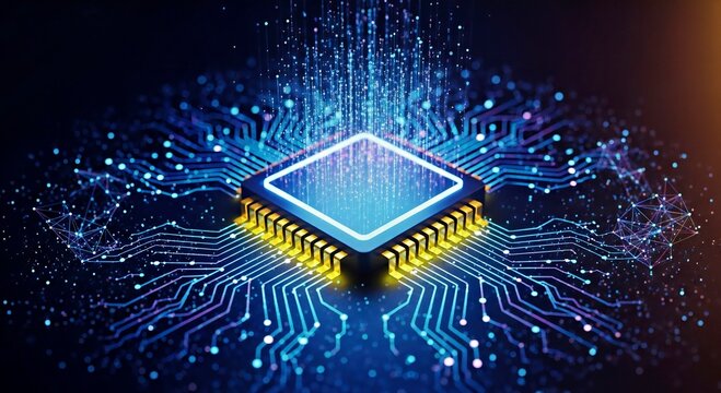 Microchip with Holographic Data Explosion and Glowing Digital Network Lines