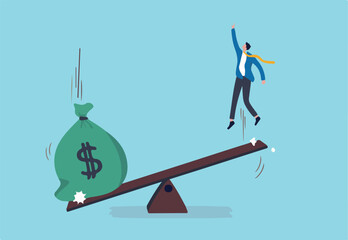 Business loan or venture capital funding to start new company or money help to survive crisis, stimulus budget concept, big money dollar bag fall on seesaw to help business owner jump flying high