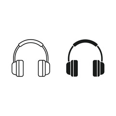 Two stylized icons of headphones one outlined and one filled