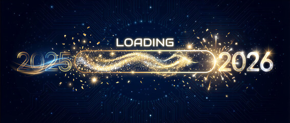2026 Happy New Year Background. Loading bar with flowing golden dots particles on dark blue background . Vector Illustration for New Year 2026greeting card, banner, poster, flyer festive design.