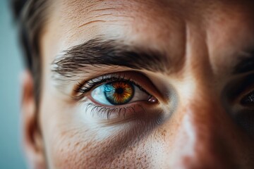 Detailed macro view of a young man's determined eye, showcasing the complex texture and unique amber and blue colors of the iris