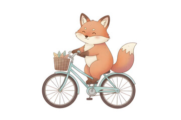 a fox riding a bicycle against white background