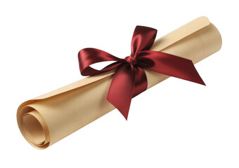 Rolled parchment scroll tied with a deep red satin ribbon isolated on a transparent background