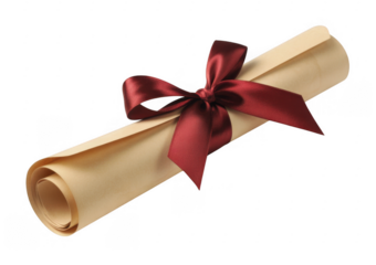 Rolled parchment scroll tied with a deep red satin ribbon isolated on a transparent background