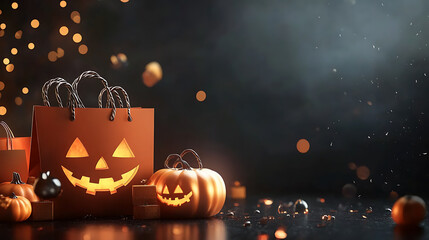 A spooky Halloween social media post template featuring pumpkin and ghost icons, text Happy halloween party with black background, and shopping bags and gift boxes for an special offer or sale event