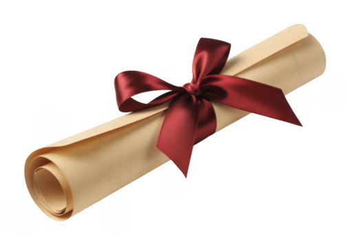 Rolled parchment scroll tied with a deep red satin ribbon isolated on a transparent background - Powered by Adobe