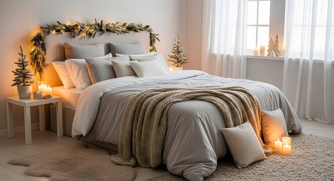 Cozy bedroom with christmas decorations featuring illuminated garland bed candles fir trees soft light and neutral colors creating serene festive atmosphere winter holiday