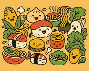 Set of cartoon icons illustrating healthy breakfast and fast food meals, including vector fruits and vegetables, pizza, hamburger, and sandwich