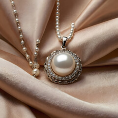 A lustrous pearl necklace is elegantly displayed, set against a backdrop of luxurious fabric, evoking a sense of refined beauty and timeless elegance. 