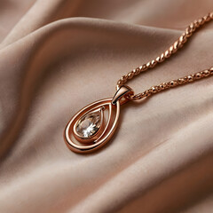 A beautifully crafted pendant, set with a sparkling gem and presented on a silk. The intricate details of the jewelry, a symbol of luxury and sophistication, the essence of elegance.