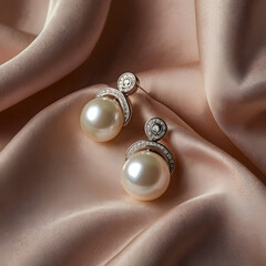 A pair of exquisite pearl earrings lies delicately on a luxurious satin cloth, the soft lighting highlighting their luminous surface and intricate design.