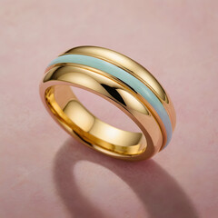 A captivating close-up showcases a luxurious gold ring, adorned with a delicate pastel stripe. The ring's radiant luster and refined design make a bold statement.
