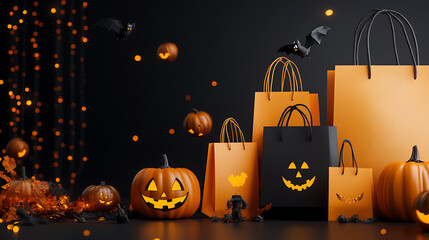 A spooky Halloween social media post template featuring pumpkin and ghost icons, text Happy halloween party with black background, and shopping bags and gift boxes for an special offer or sale event