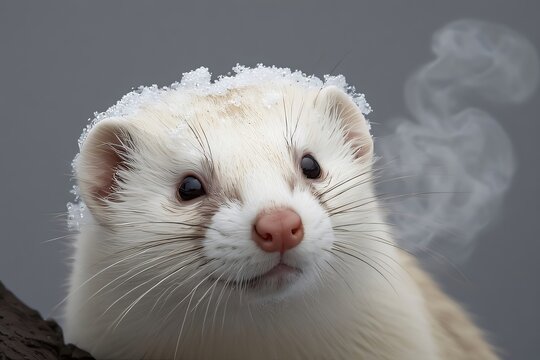 Close-up portrait of a curious ferret with snow on its head and steam rising from its fur, suggesting a cold environment - Powered by Adobe