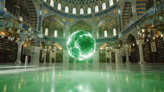 Ethereal green energy orb materializes within a grand library setting