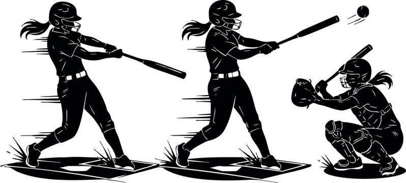 Female softball player hitting ball with catcher in silhouette vector illustration