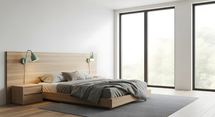 Minimalist bedroom interior with natural light and wooden accents for relaxation