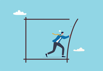 Pushing limits challenge yourself to overcome boundary, effort and strength to push over limit, attitude to success, get out of comfort zone for freedom, businessman pushing to break boundary box.