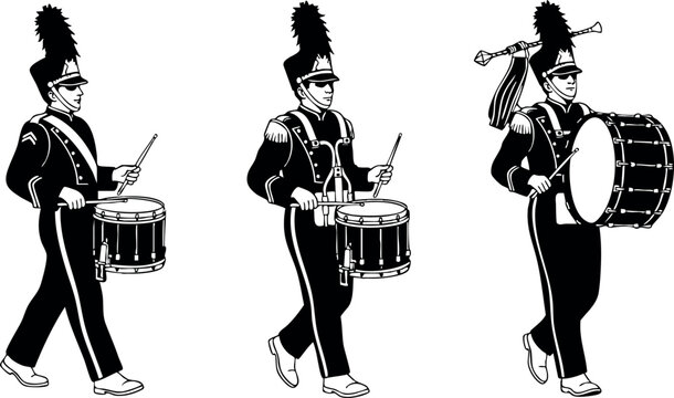 Marching band drummers playing snare and bass drums in uniform illustration