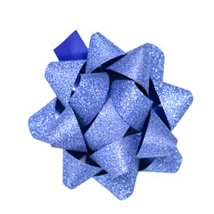 A single, vibrant blue star-shaped gift bow covered in sparkling glitter, isolated on a clean white background. Ideal for holiday, celebration, and luxury gift wrapping concepts.