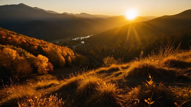 Sunset over a mountain valley landscape with rolling hills and scenic views