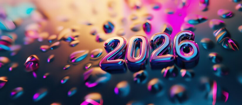Glossy reflective 2026 numbers in vibrant hues create a vibrant visual effect, perfect for New Year's Eve celebrations or special occasions.