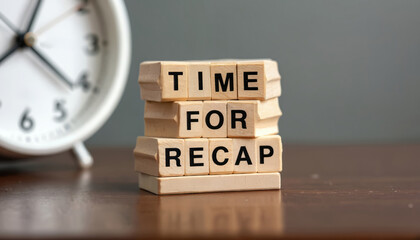 Wooden blocks stacked form words TIME FOR RECAP next to alarm clock. Concept for review, summary, analysis and planning. Business meeting agenda planning.